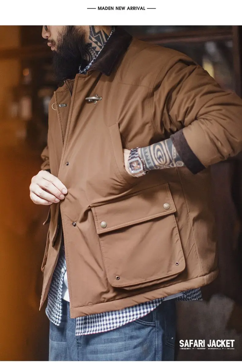 Maden Vintage Men's Safari Cotton Jacket Warm Padded Hunting Jacket Corduroy Collar Barn Coat Windbreaker for Autumn Winter