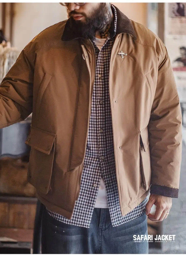 Maden Vintage Men's Safari Cotton Jacket Warm Padded Hunting Jacket Corduroy Collar Barn Coat Windbreaker for Autumn Winter