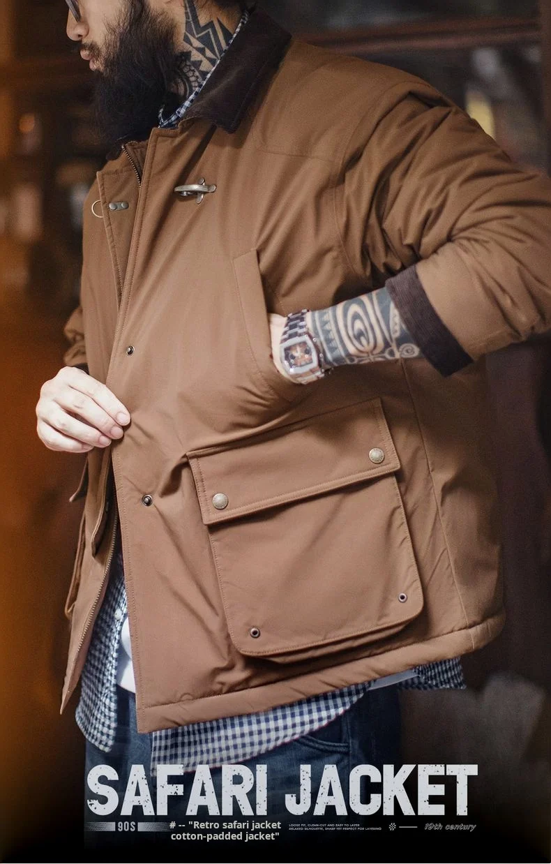 Maden Vintage Men's Safari Cotton Jacket Warm Padded Hunting Jacket Corduroy Collar Barn Coat Windbreaker for Autumn Winter