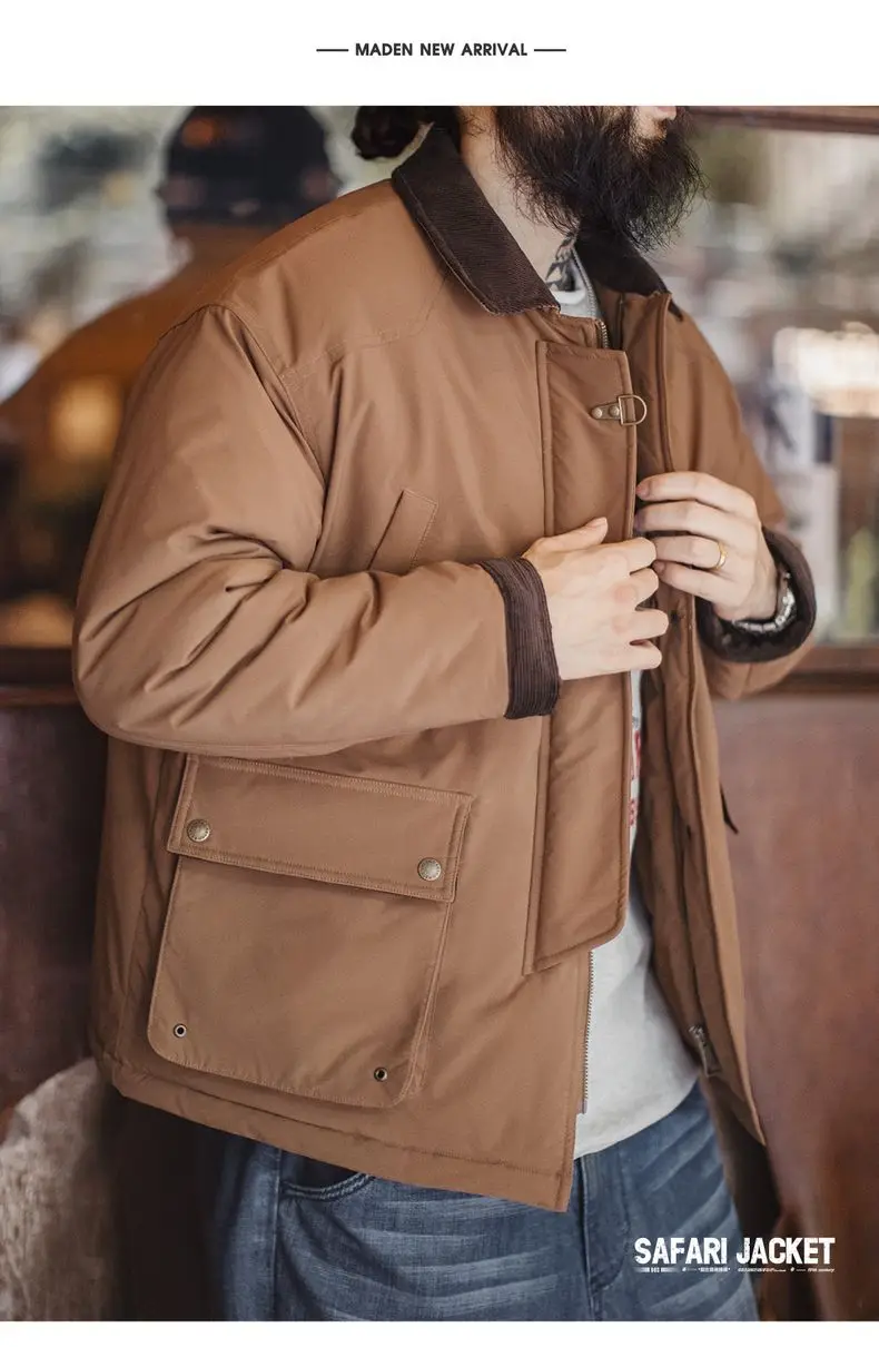 Maden Vintage Men's Safari Cotton Jacket Warm Padded Hunting Jacket Corduroy Collar Barn Coat Windbreaker for Autumn Winter