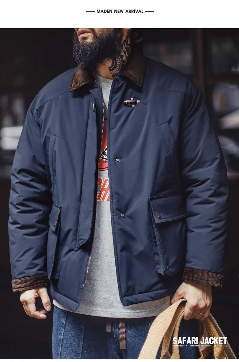 Maden Vintage Men's Safari Cotton Jacket Warm Padded Hunting Jacket Corduroy Collar Barn Coat Windbreaker for Autumn Winter
