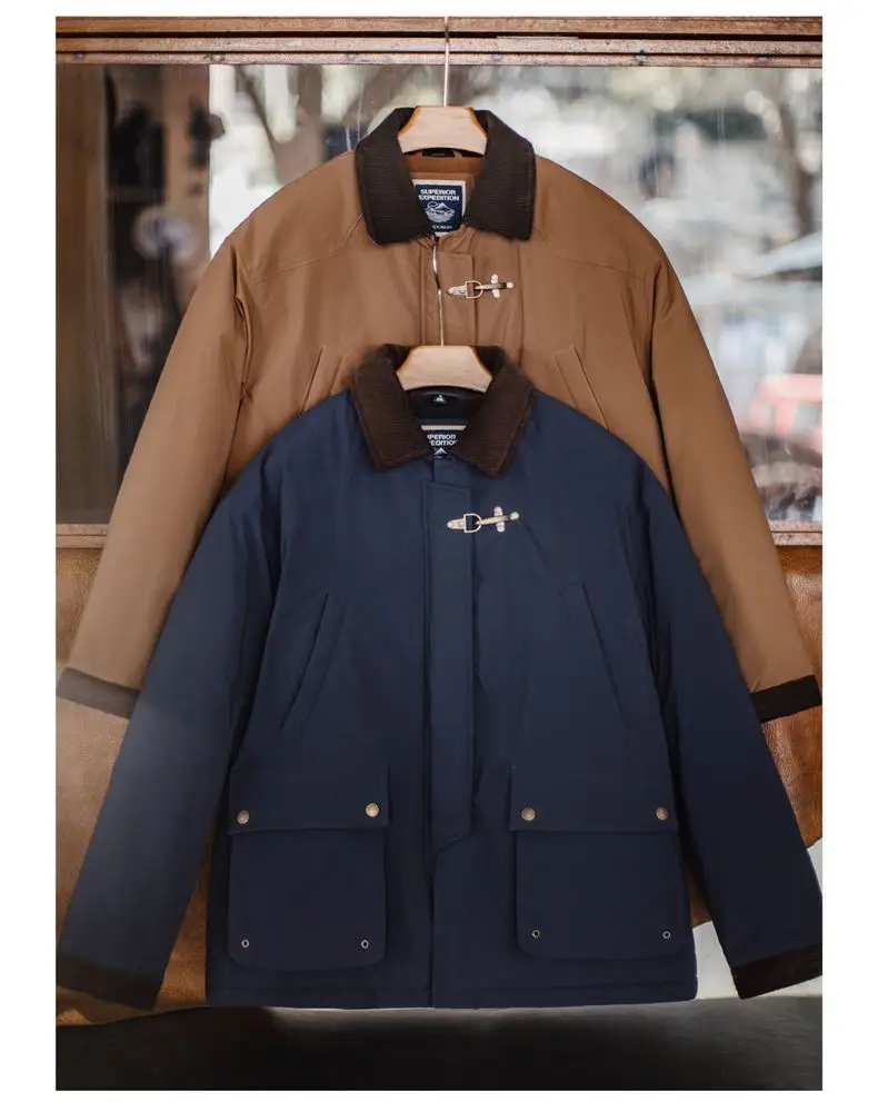 Maden Vintage Men's Safari Cotton Jacket Warm Padded Hunting Jacket Corduroy Collar Barn Coat Windbreaker for Autumn Winter