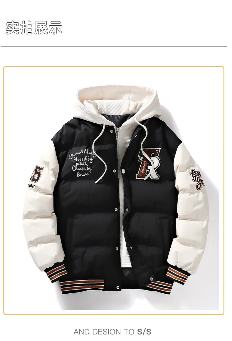 Men's Parka Cotton Padded Jacket Hooded Letter Embroidery Zipper Pockets Coldproof Outerwear Male Coat Streetwear Chic Hot Sales