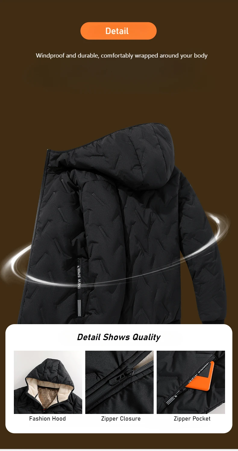 Men's Hooded Parka Casual Coats for Men Autumn Winter Warm Windproof Padded Jacket Outdoor Skiing Fleece Lining Parkas Male