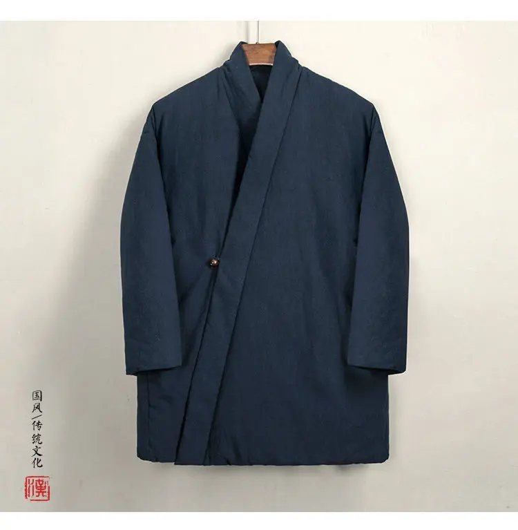 Tang Suit Cotton-Padded Jacket Men Chinese Stylethicken Coat Winter Vintage Solid Color Cotton Linen Outerwear Oriental Parkas