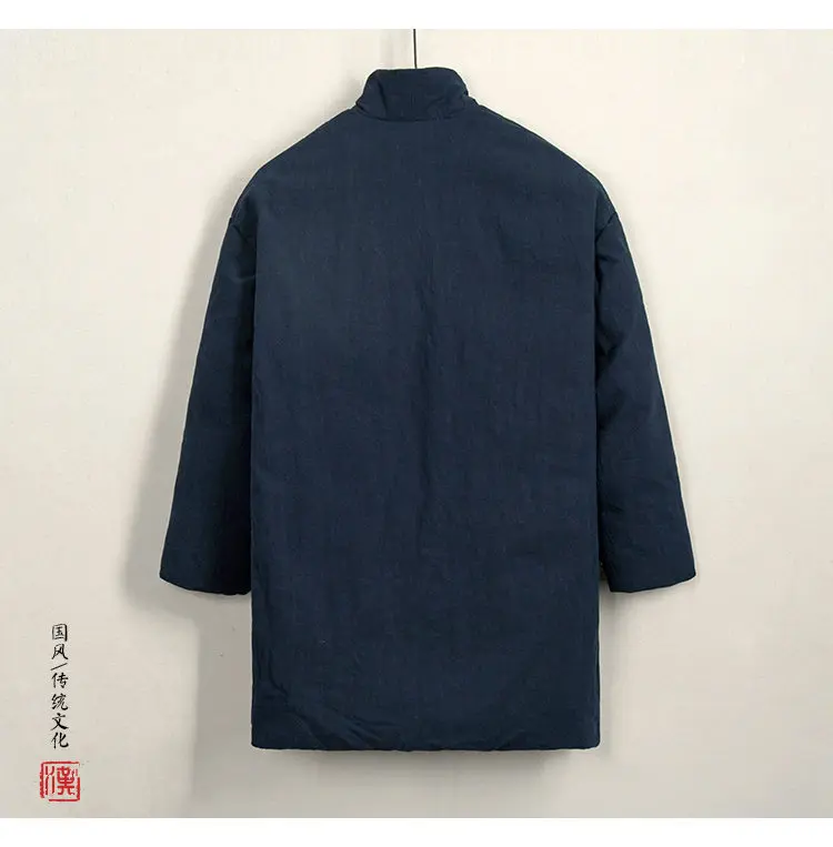 Tang Suit Cotton-Padded Jacket Men Chinese Stylethicken Coat Winter Vintage Solid Color Cotton Linen Outerwear Oriental Parkas
