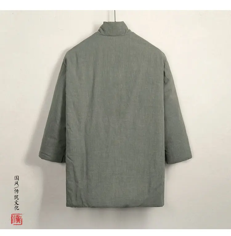 Tang Suit Cotton-Padded Jacket Men Chinese Stylethicken Coat Winter Vintage Solid Color Cotton Linen Outerwear Oriental Parkas