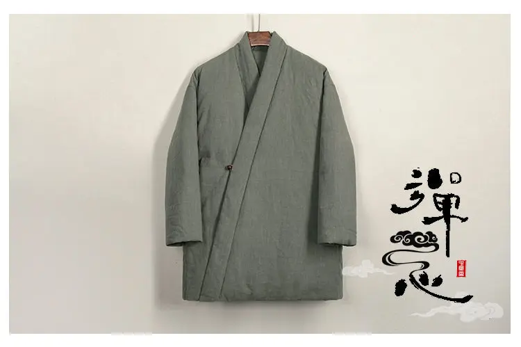 Tang Suit Cotton-Padded Jacket Men Chinese Stylethicken Coat Winter Vintage Solid Color Cotton Linen Outerwear Oriental Parkas