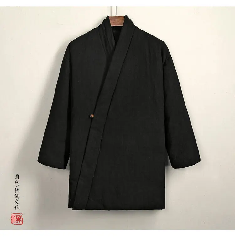 Tang Suit Cotton-Padded Jacket Men Chinese Stylethicken Coat Winter Vintage Solid Color Cotton Linen Outerwear Oriental Parkas