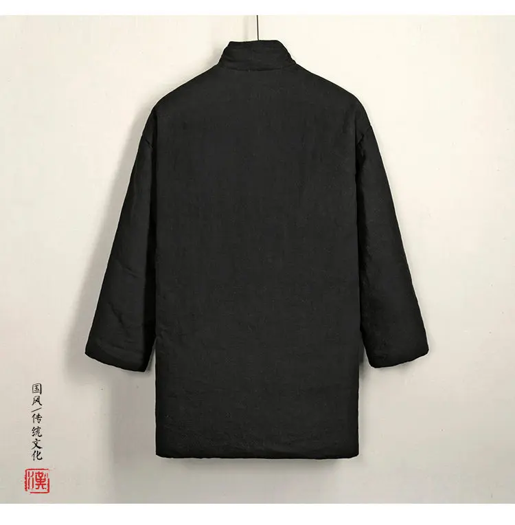 Tang Suit Cotton-Padded Jacket Men Chinese Stylethicken Coat Winter Vintage Solid Color Cotton Linen Outerwear Oriental Parkas