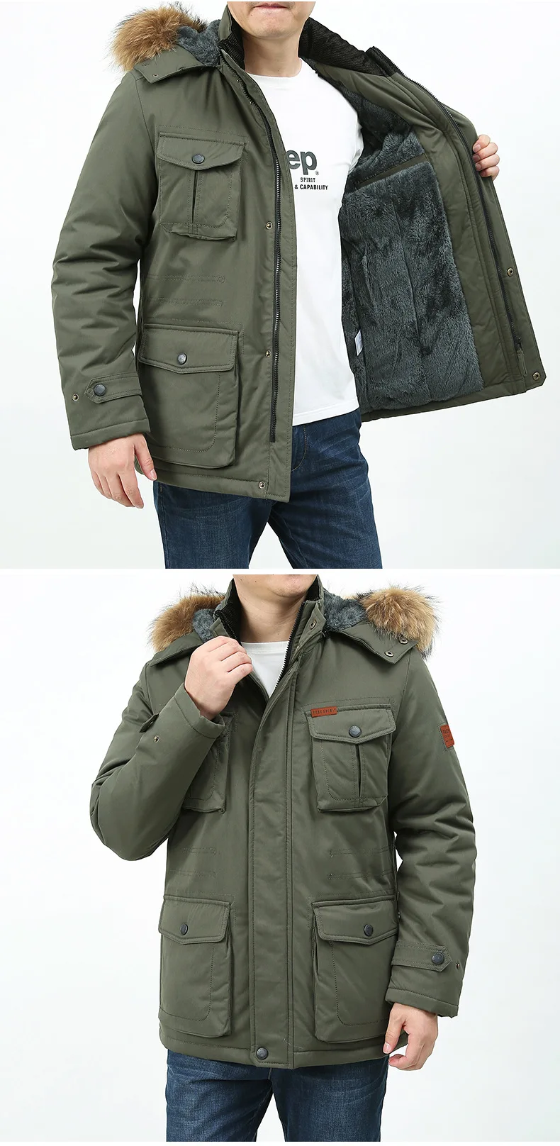 Military Cargo Coat Fur Collar Winter Warm Parkas Casual Cotton Padded Jacket Mens Thick Man Jacket Male Multi-Pocket Men Parka