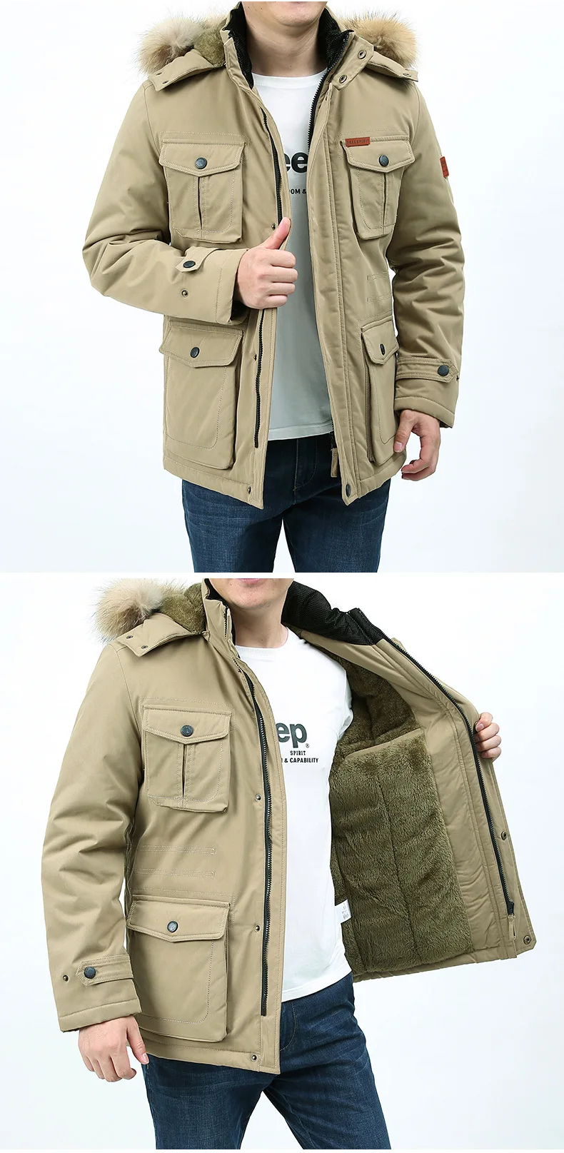 Military Cargo Coat Fur Collar Winter Warm Parkas Casual Cotton Padded Jacket Mens Thick Man Jacket Male Multi-Pocket Men Parka