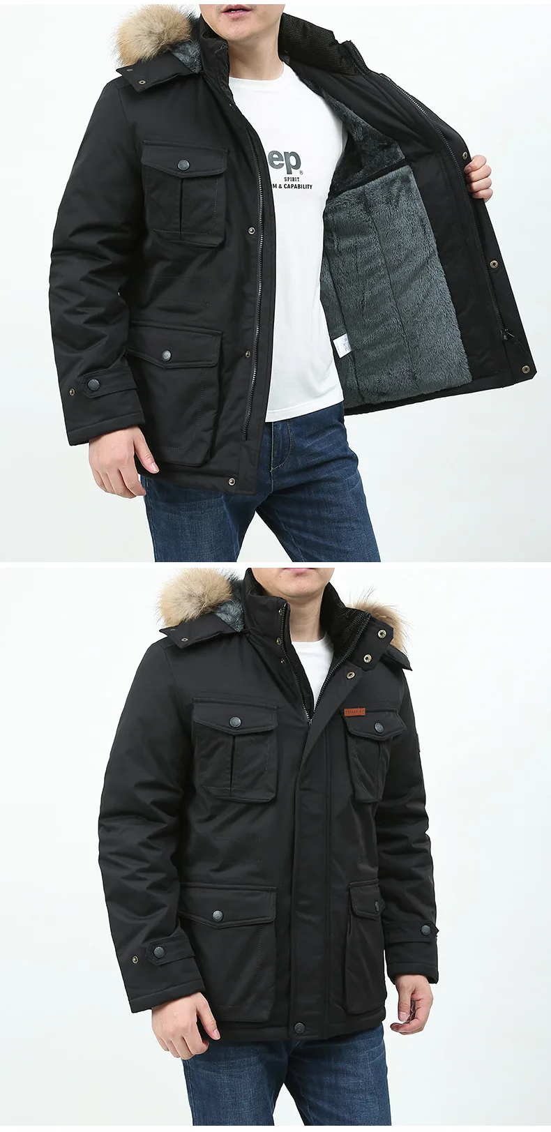 Military Cargo Coat Fur Collar Winter Warm Parkas Casual Cotton Padded Jacket Mens Thick Man Jacket Male Multi-Pocket Men Parka