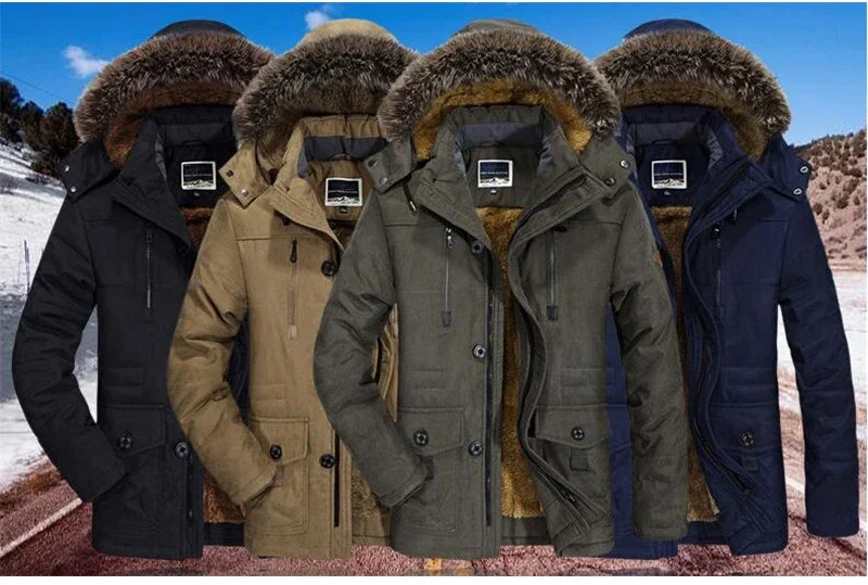 Casual Faux Fur Hooded Fleece Long Male Jacket Winter Jacket Men's Plus Size Cotton Padded Warm Parka CoatWindbreaker Parkas