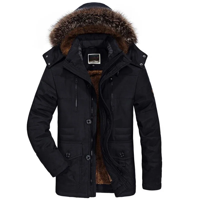 Casual Faux Fur Hooded Fleece Long Male Jacket Winter Jacket Men's Plus Size Cotton Padded Warm Parka CoatWindbreaker Parkas