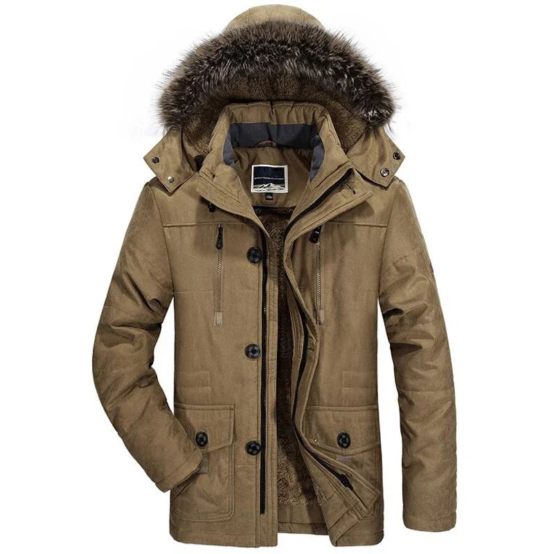 Casual Faux Fur Hooded Fleece Long Male Jacket Winter Jacket Men's Plus Size Cotton Padded Warm Parka CoatWindbreaker Parkas