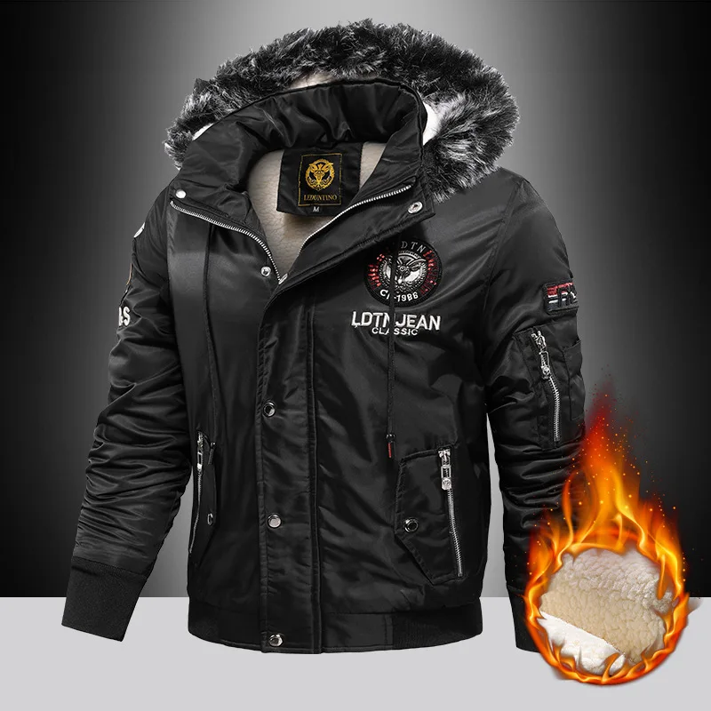 Winter Velvet and Thick Casual Men's Cotton Clothes Warm Hooded Coat Windproof Men's Large Size Cotton Clothes