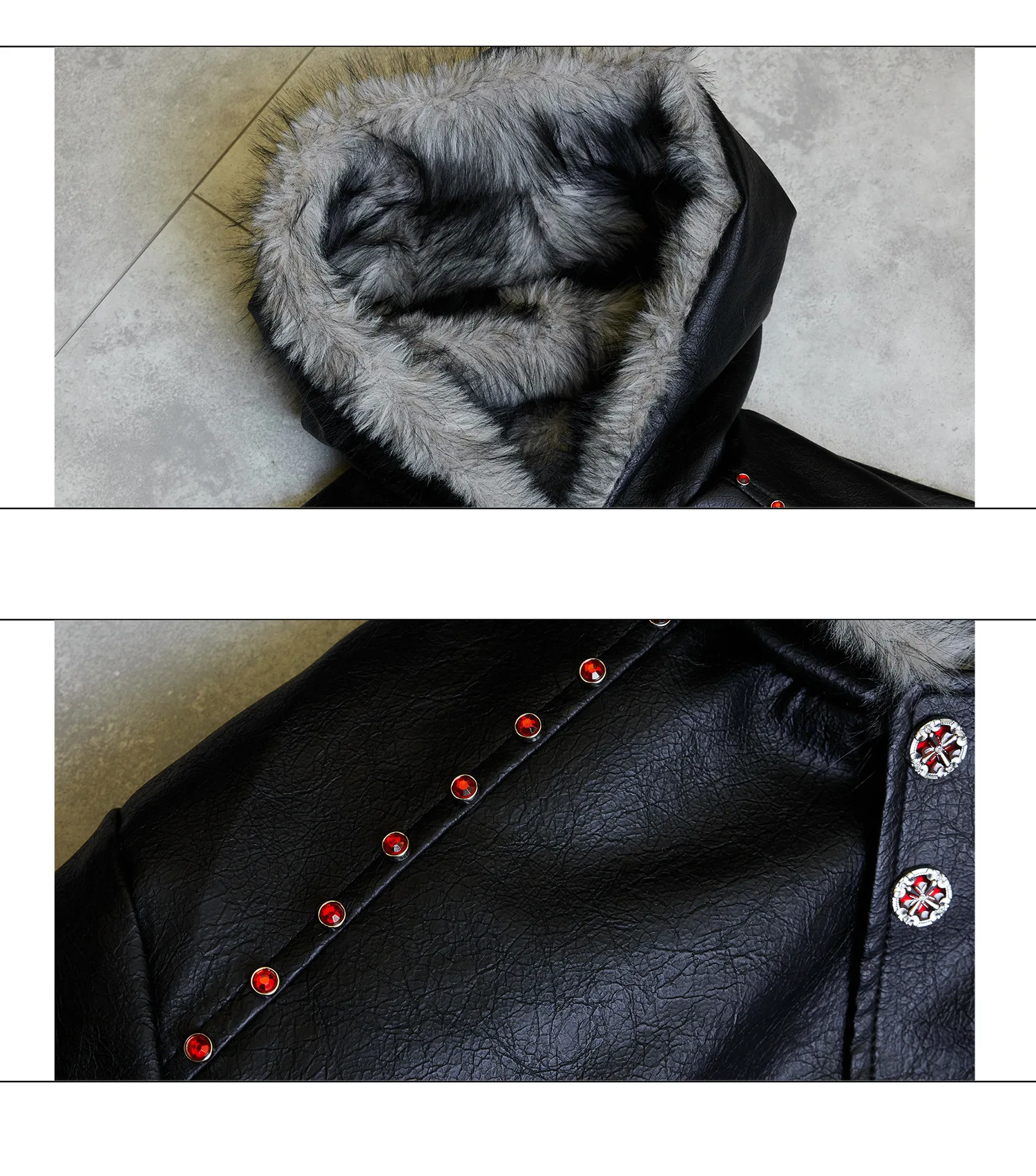 Rhinestone Rivet Faux Fur Liner Pu Leather Winter Jacket Man Woman Thickened Warmer Fur Collar Hooded Winter Furry Coat