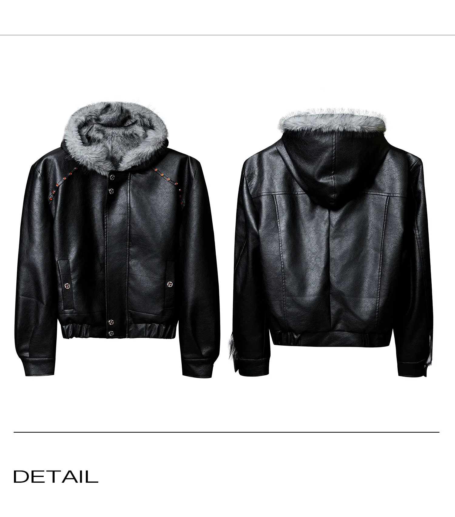 Rhinestone Rivet Faux Fur Liner Pu Leather Winter Jacket Man Woman Thickened Warmer Fur Collar Hooded Winter Furry Coat
