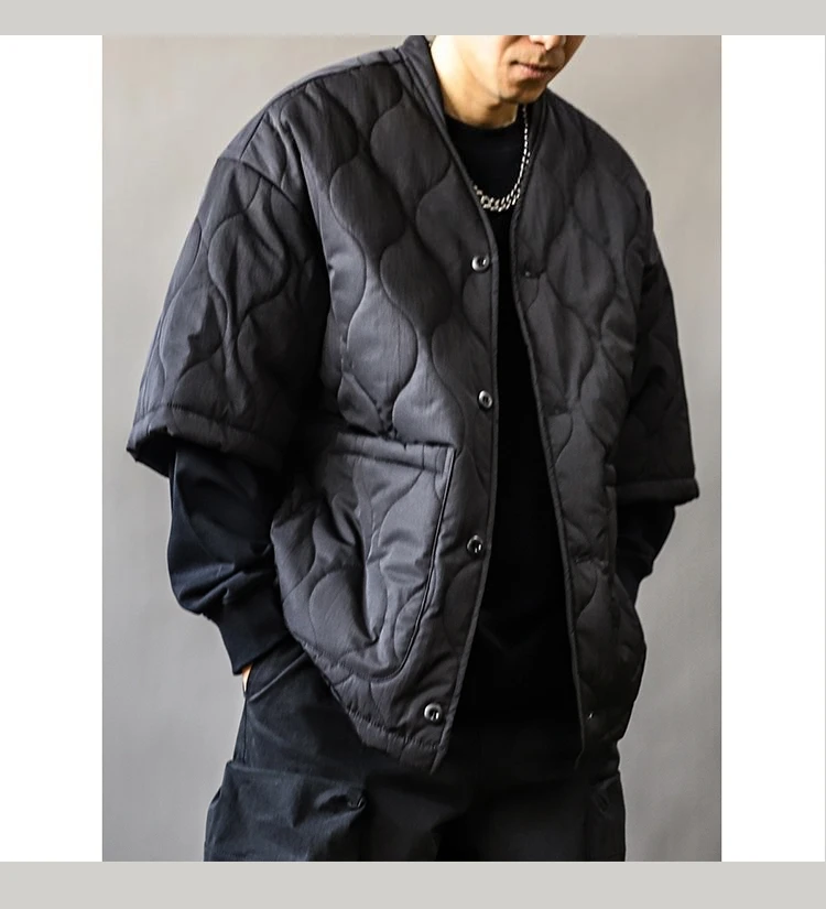 Autumn Winter Japanese Streetwear Half Sleeve Padded Jacket Harajuku Casual Mens Jacket Harajuku Thick Trendy V-Neck Coat Male