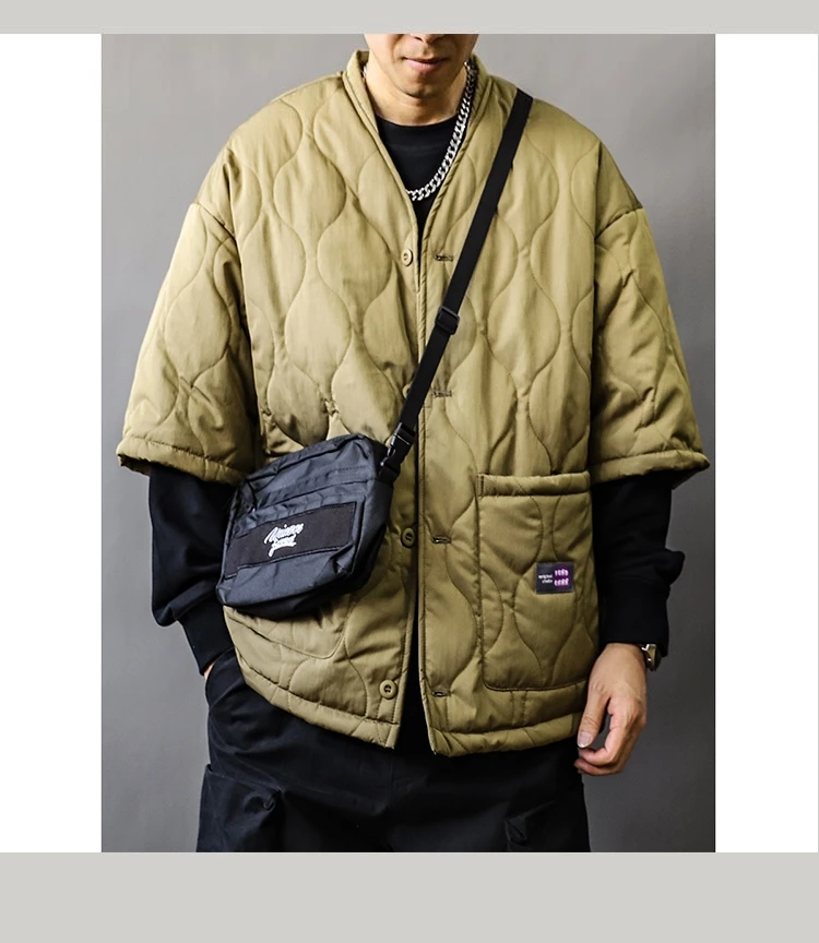Autumn Winter Japanese Streetwear Half Sleeve Padded Jacket Harajuku Casual Mens Jacket Harajuku Thick Trendy V-Neck Coat Male