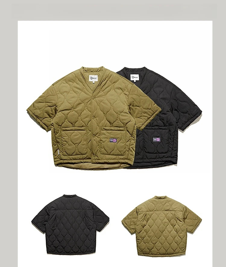 Autumn Winter Japanese Streetwear Half Sleeve Padded Jacket Harajuku Casual Mens Jacket Harajuku Thick Trendy V-Neck Coat Male