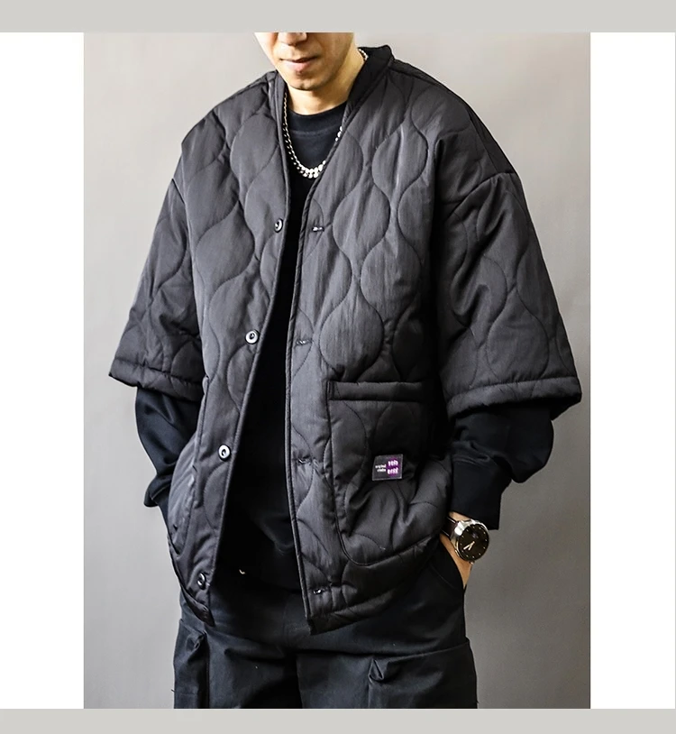 Autumn Winter Japanese Streetwear Half Sleeve Padded Jacket Harajuku Casual Mens Jacket Harajuku Thick Trendy V-Neck Coat Male