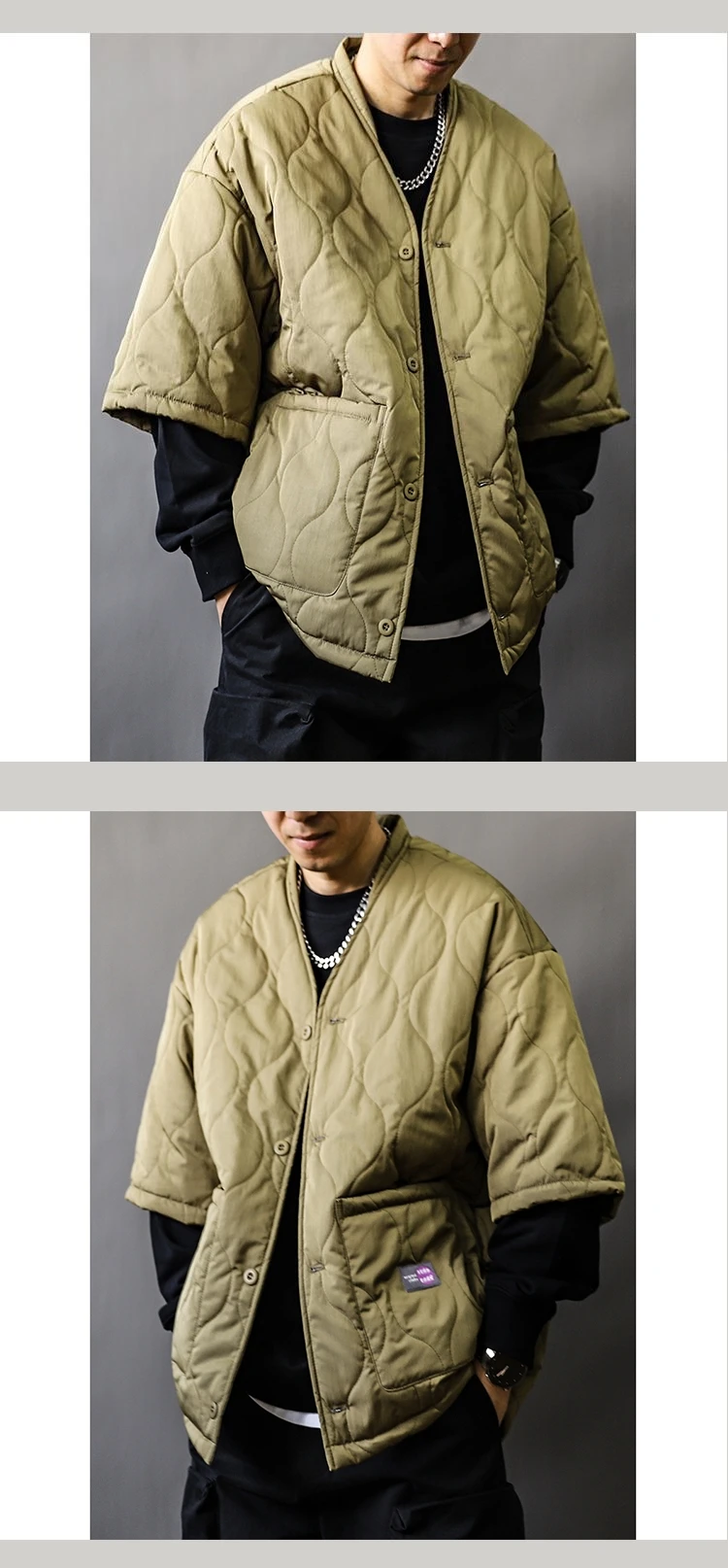 Autumn Winter Japanese Streetwear Half Sleeve Padded Jacket Harajuku Casual Mens Jacket Harajuku Thick Trendy V-Neck Coat Male