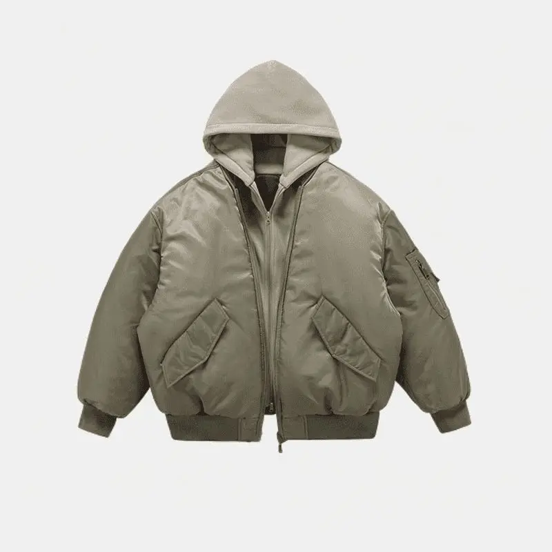 Mens Jacket Harajuku American Aviator Hooded Cotton Bomber Winter Thick Warm Fake Two Piece Streetwear Casual Fashion Coat New