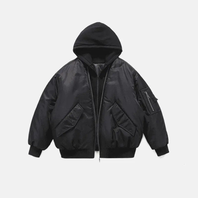 Mens Jacket Harajuku American Aviator Hooded Cotton Bomber Winter Thick Warm Fake Two Piece Streetwear Casual Fashion Coat New