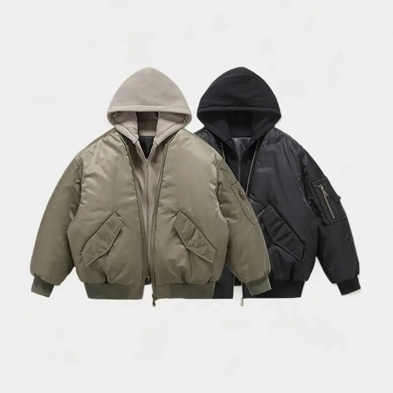 Mens Jacket Harajuku American Aviator Hooded Cotton Bomber Winter Thick Warm Fake Two Piece Streetwear Casual Fashion Coat New