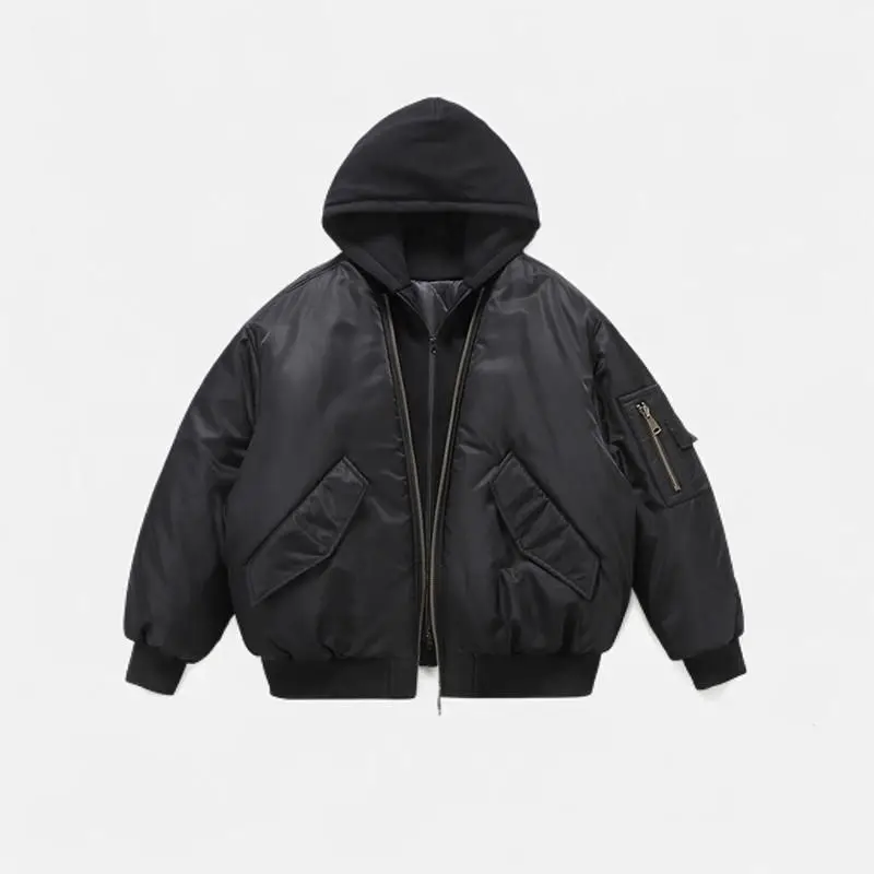 Mens Jacket Harajuku American Aviator Hooded Cotton Bomber Winter Thick Warm Fake Two Piece Streetwear Casual Fashion Coat New