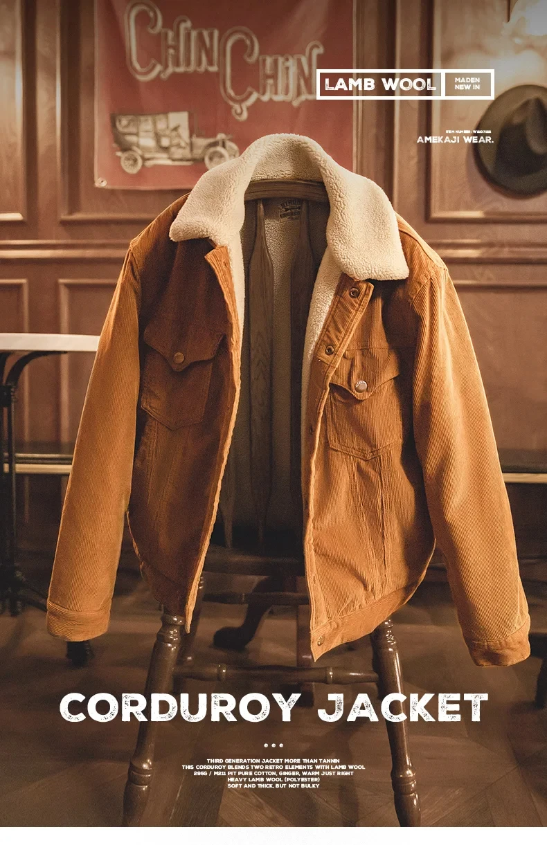 Maden Faux Lamb Wool Corduroy Jacket for Men Ginger Color Thickened Lapel Single-breasted Coat Fall and Winter Warm Jacket