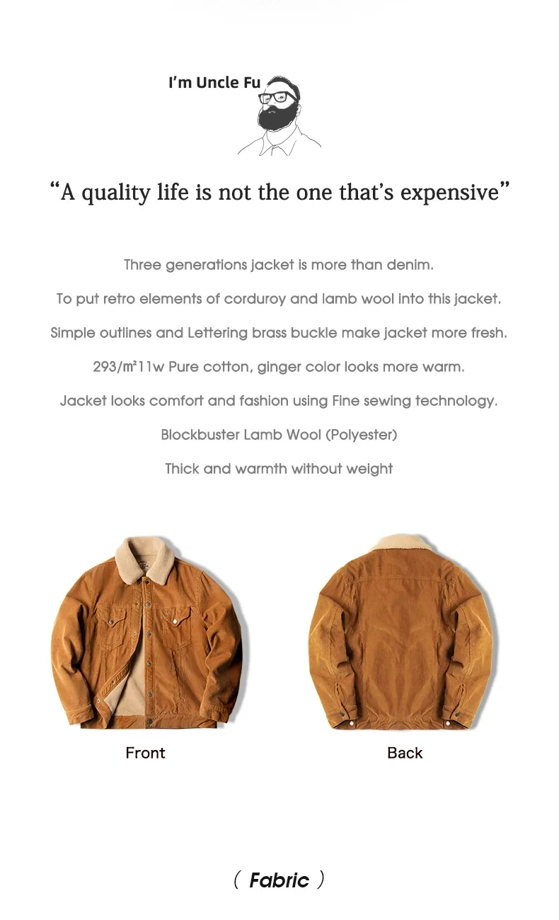 Maden Faux Lamb Wool Corduroy Jacket for Men Ginger Color Thickened Lapel Single-breasted Coat Fall and Winter Warm Jacket