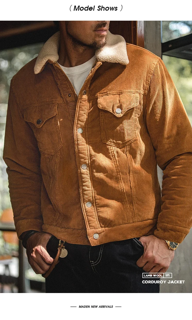 Maden Faux Lamb Wool Corduroy Jacket for Men Ginger Color Thickened Lapel Single-breasted Coat Fall and Winter Warm Jacket