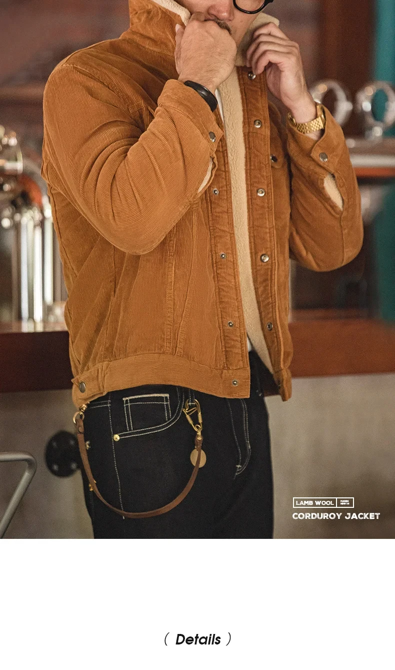 Maden Faux Lamb Wool Corduroy Jacket for Men Ginger Color Thickened Lapel Single-breasted Coat Fall and Winter Warm Jacket