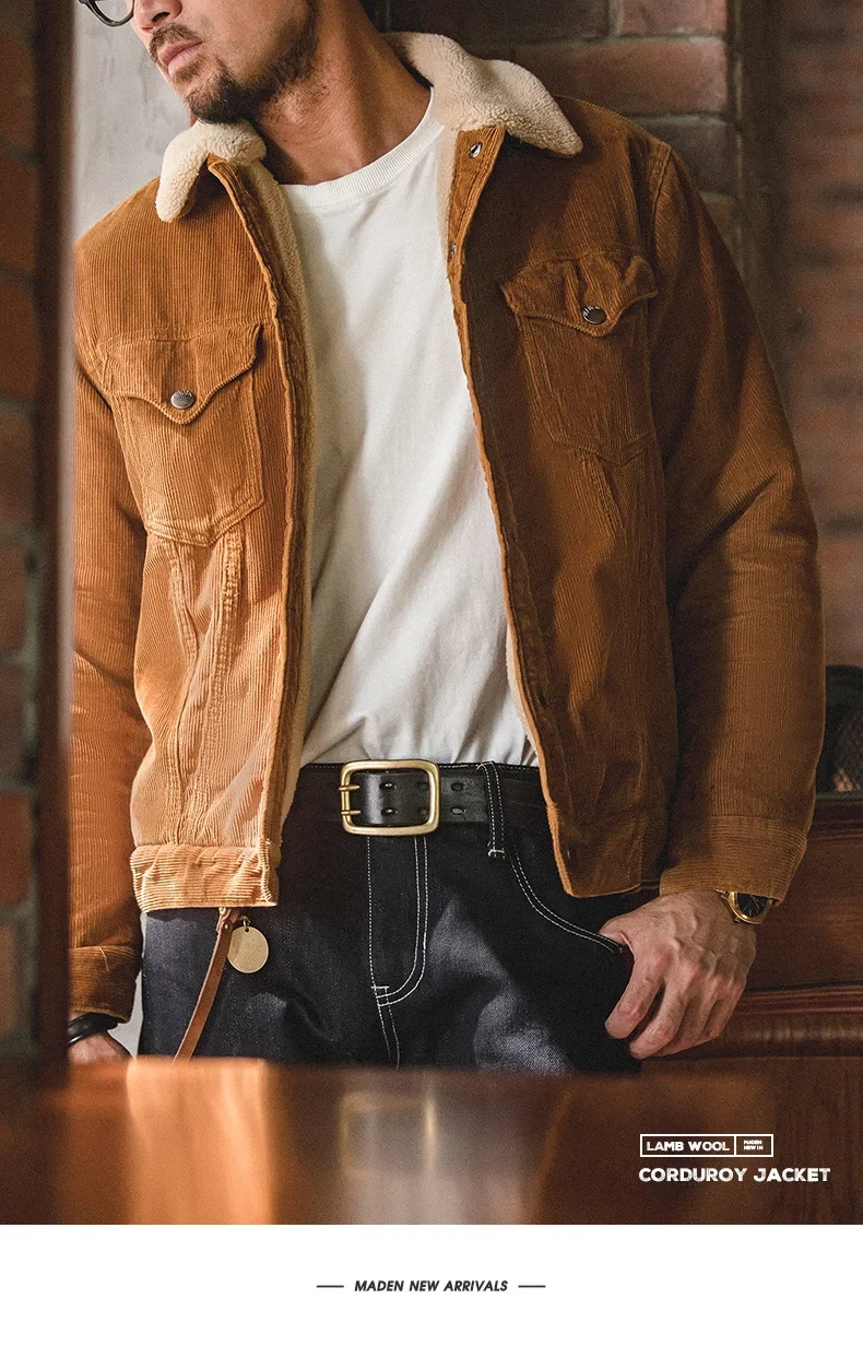 Maden Faux Lamb Wool Corduroy Jacket for Men Ginger Color Thickened Lapel Single-breasted Coat Fall and Winter Warm Jacket