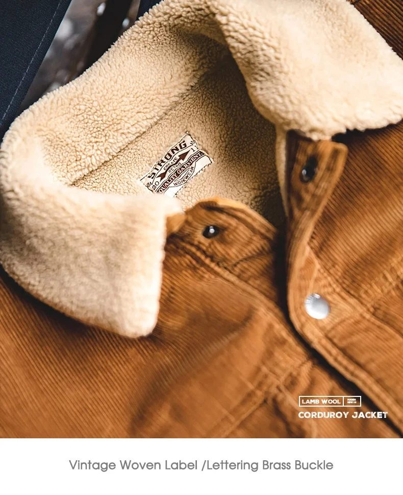 Maden Faux Lamb Wool Corduroy Jacket for Men Ginger Color Thickened Lapel Single-breasted Coat Fall and Winter Warm Jacket