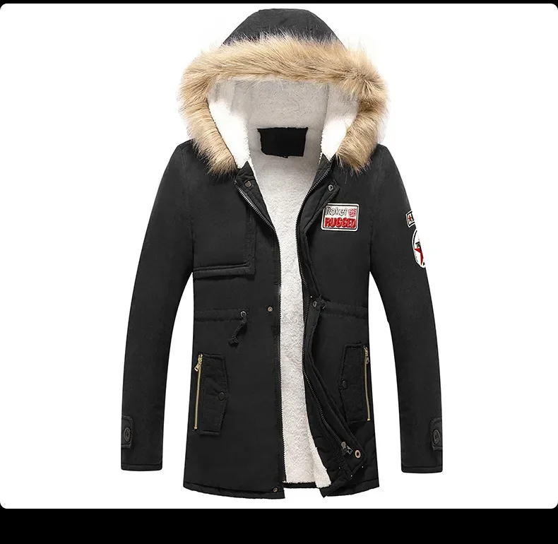 Winter Faux Fur Men's Thicken Parka Casual Outerwear Trim Hooded Patch Detail Fleece Coat Male Autumn Overcoat Wadded Jackets
