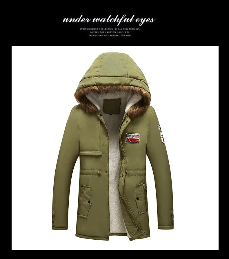 Winter Faux Fur Men's Thicken Parka Casual Outerwear Trim Hooded Patch Detail Fleece Coat Male Autumn Overcoat Wadded Jackets