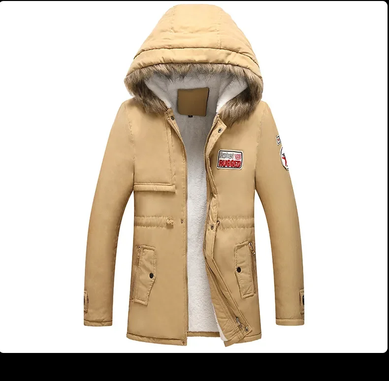 Winter Faux Fur Men's Thicken Parka Casual Outerwear Trim Hooded Patch Detail Fleece Coat Male Autumn Overcoat Wadded Jackets