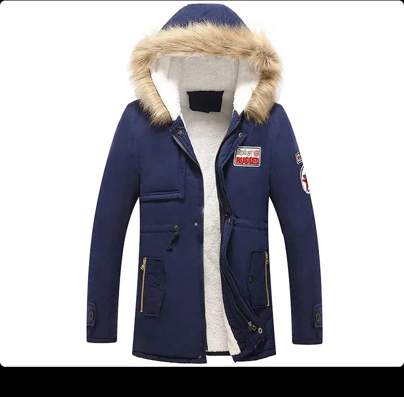 Winter Faux Fur Men's Thicken Parka Casual Outerwear Trim Hooded Patch Detail Fleece Coat Male Autumn Overcoat Wadded Jackets