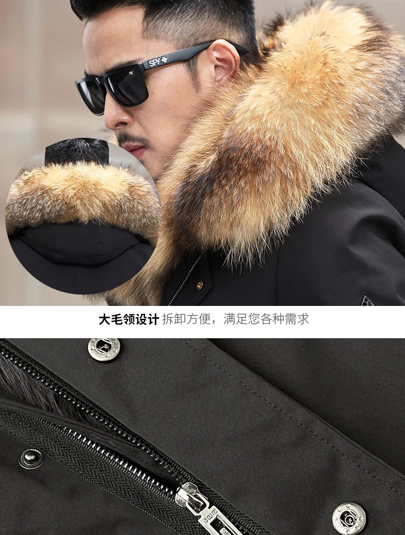Men's Fashion Exra Long Parkas Faux Fur Lined Thick Warm Overcoat Long Fur Coat With Fur Hood Winter Thermal Outerwear