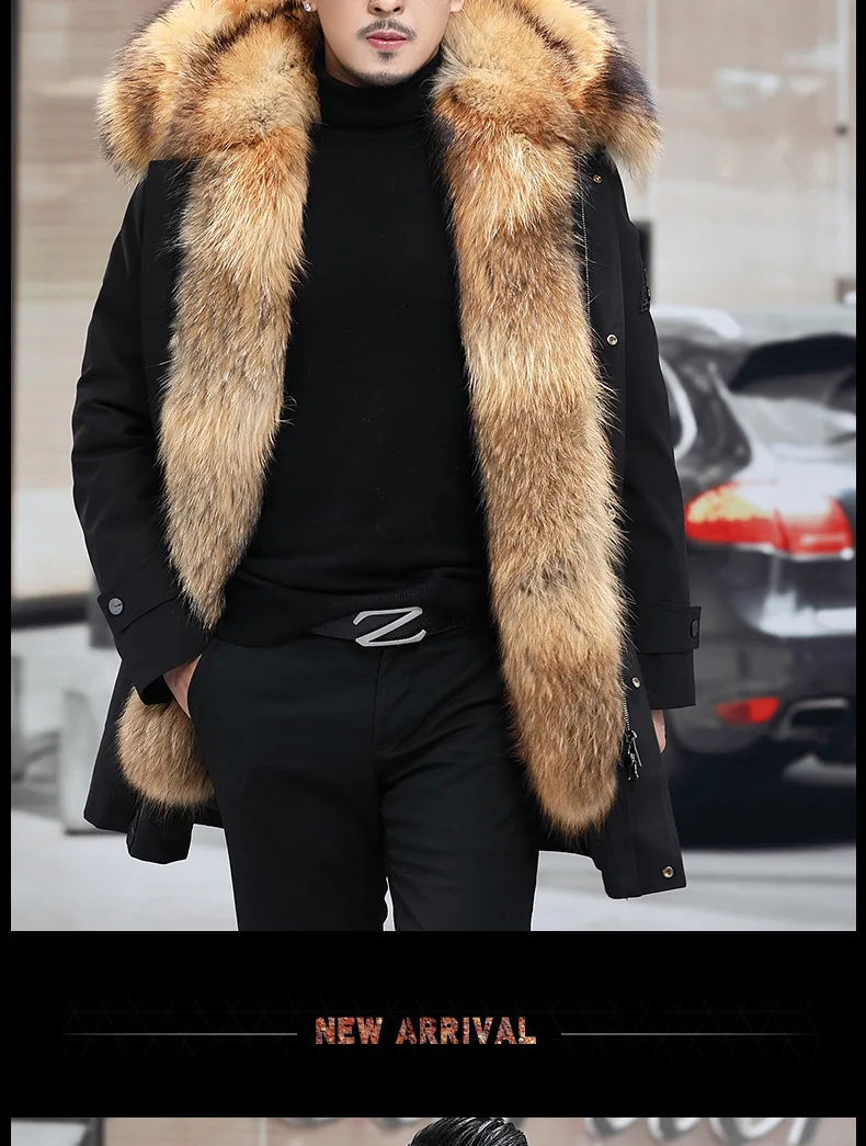 Men's Fashion Exra Long Parkas Faux Fur Lined Thick Warm Overcoat Long Fur Coat With Fur Hood Winter Thermal Outerwear