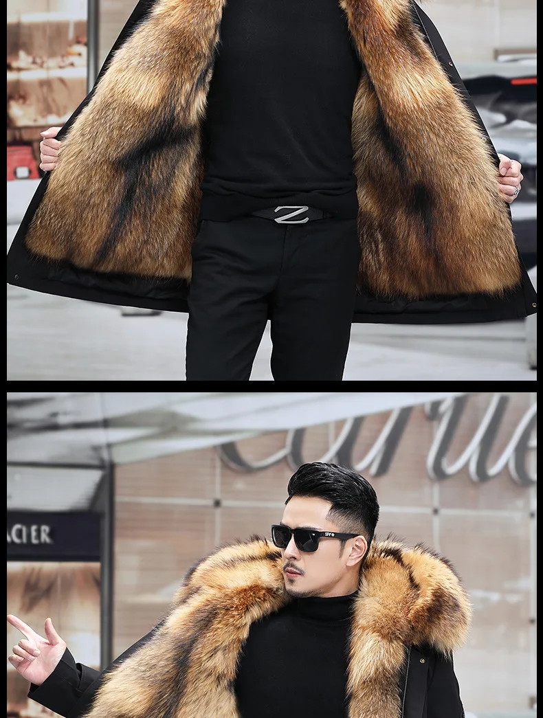 Men's Fashion Exra Long Parkas Faux Fur Lined Thick Warm Overcoat Long Fur Coat With Fur Hood Winter Thermal Outerwear