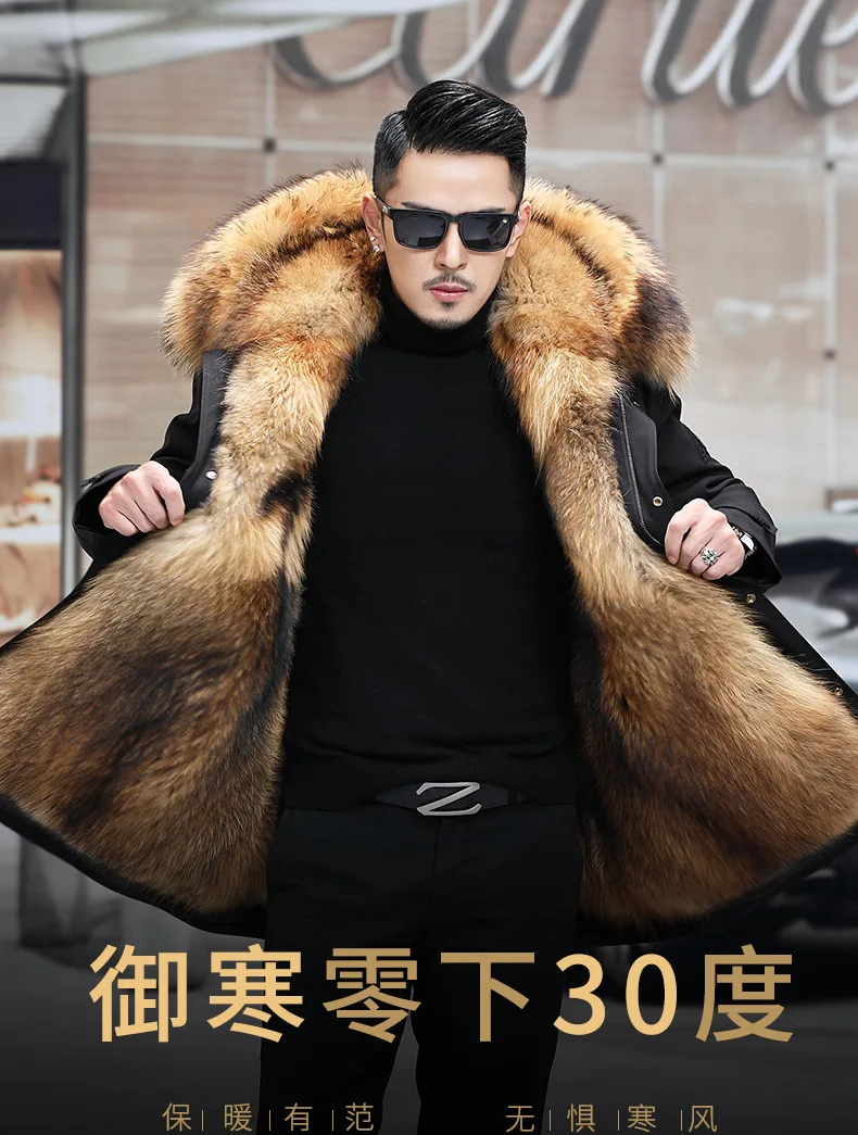 Men's Fashion Exra Long Parkas Faux Fur Lined Thick Warm Overcoat Long Fur Coat With Fur Hood Winter Thermal Outerwear