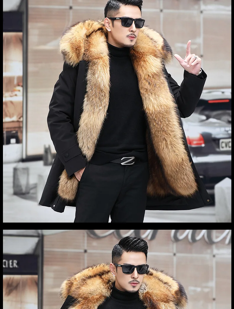 Men's Fashion Exra Long Parkas Faux Fur Lined Thick Warm Overcoat Long Fur Coat With Fur Hood Winter Thermal Outerwear