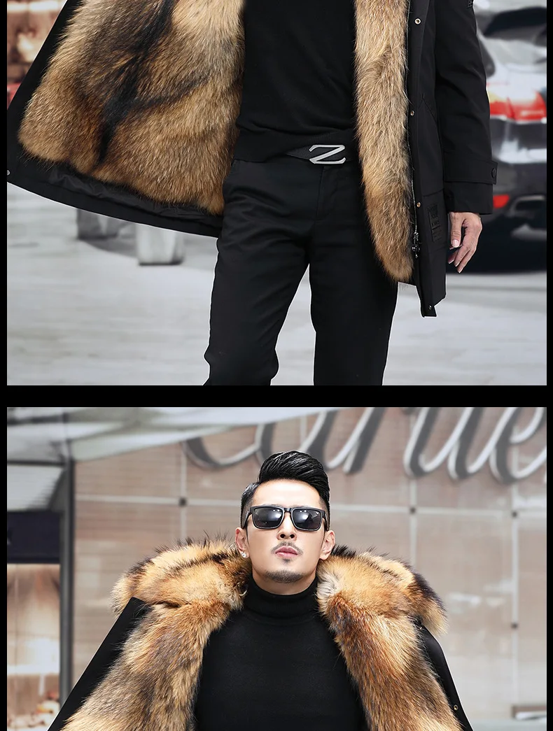 Men's Fashion Exra Long Parkas Faux Fur Lined Thick Warm Overcoat Long Fur Coat With Fur Hood Winter Thermal Outerwear