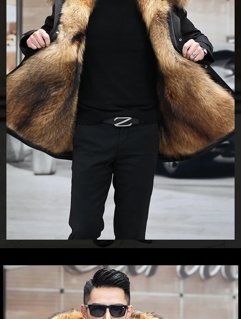 Men's Fashion Exra Long Parkas Faux Fur Lined Thick Warm Overcoat Long Fur Coat With Fur Hood Winter Thermal Outerwear