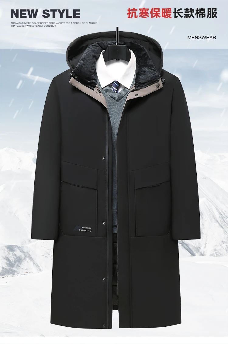 Business Parka Winter Fleece Long Jacket with Hood Windbreaker Mens Coats Casual Thicken Warm Men Long Outwear Clothing Overcoat
